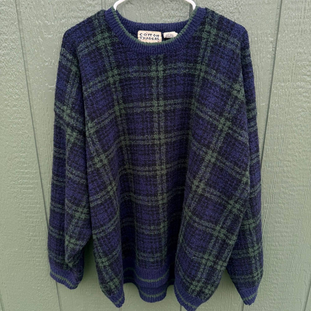 Cotton Traders Vtg Sweater Mens 3X Navy Green Tartan Plaid Wool Blend Boucle